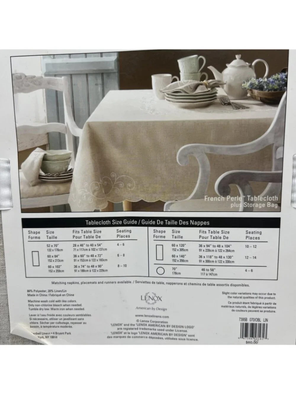 Lenox French Perle Tablecloth Decorative Trim 52x70 Beige Linen Storage Bag